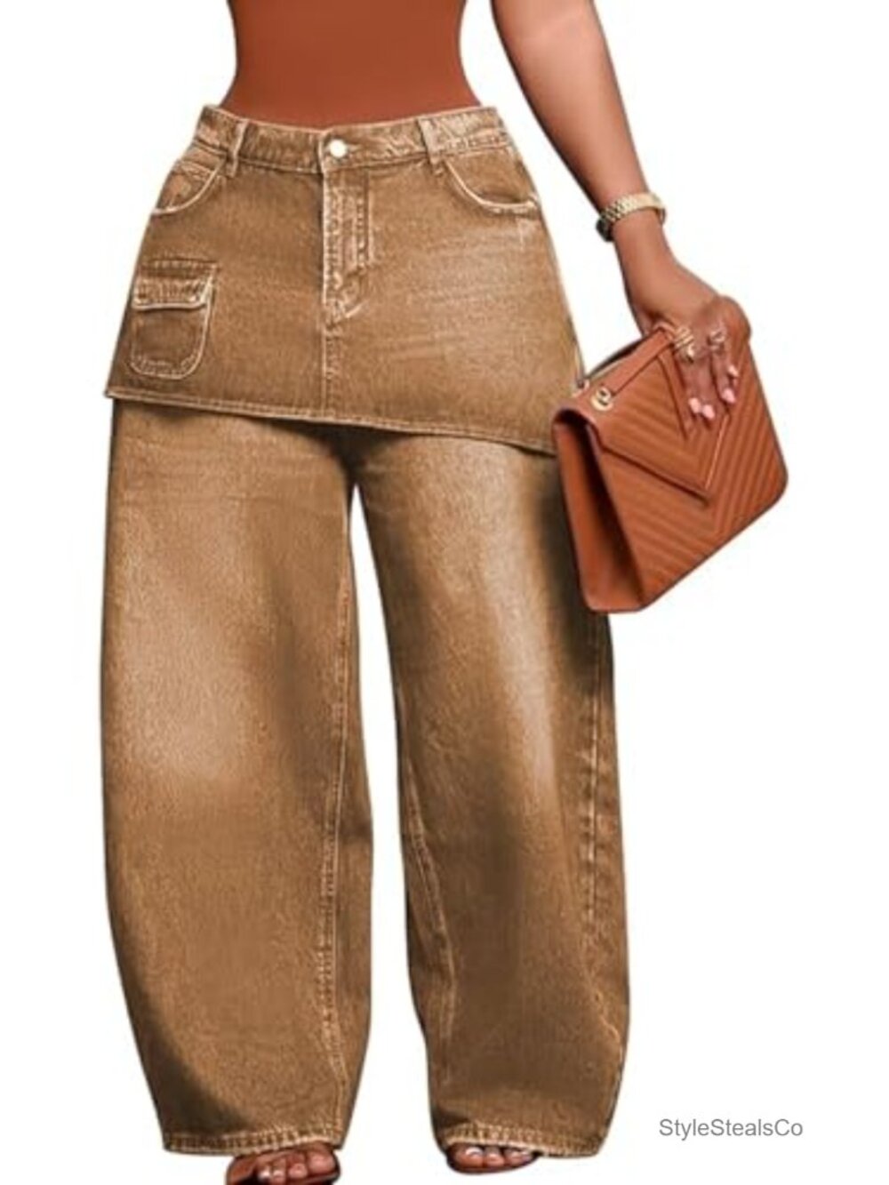 Womens Baggy Patchwork High Waisted Wide Leg Stretch Denim Jeans